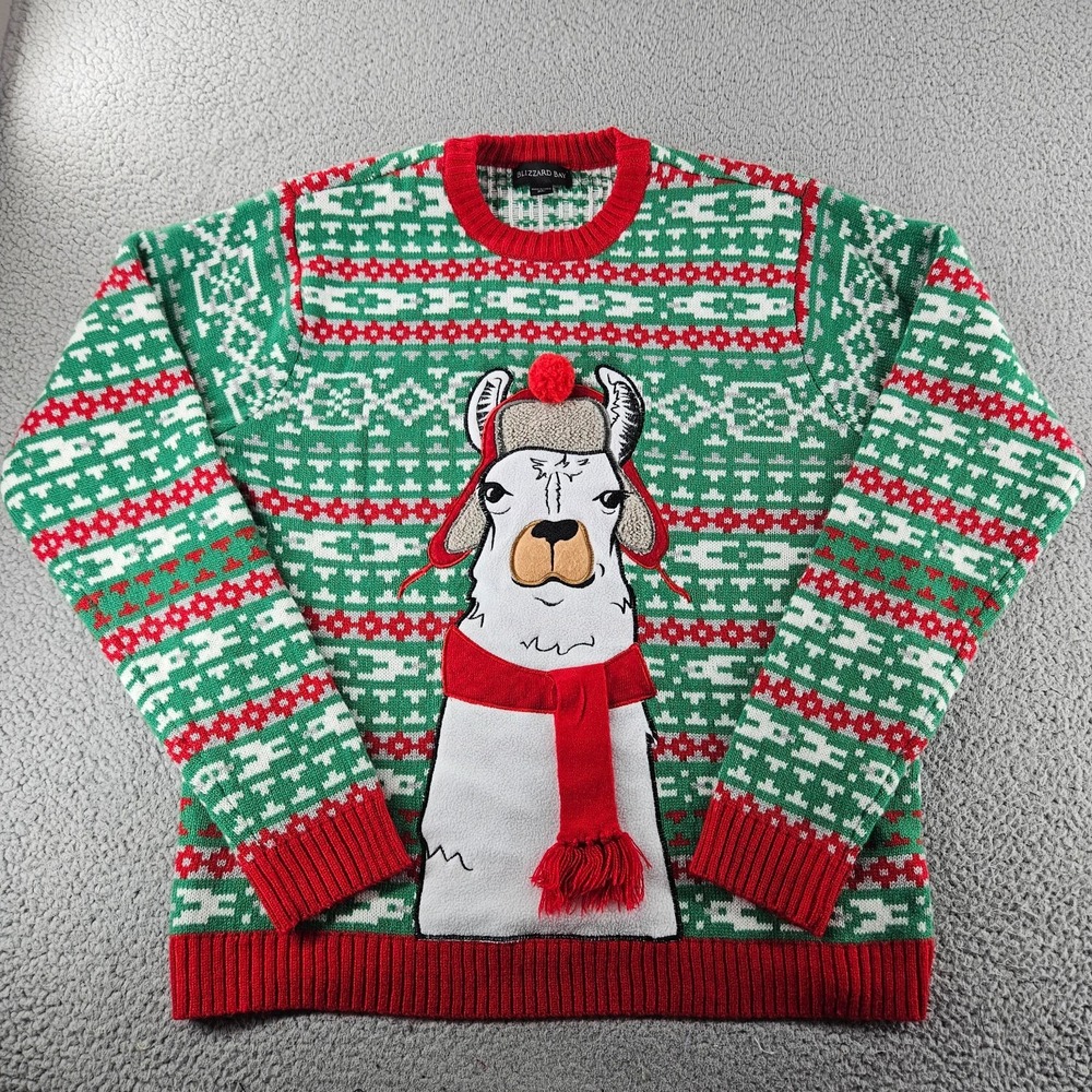 Blizzard Bay Ugly Christams Sweater Men XL Green Holiday Llama Trapper Hat Tacky